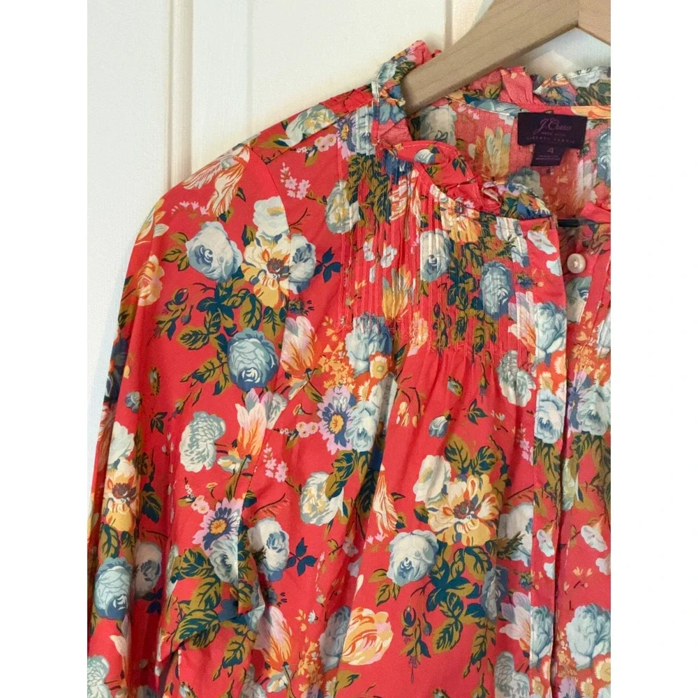 J.Crew x Liberty Fabric | Ruffle Classic Popover Shirt‎ Blouse Coral Floral Sz 4